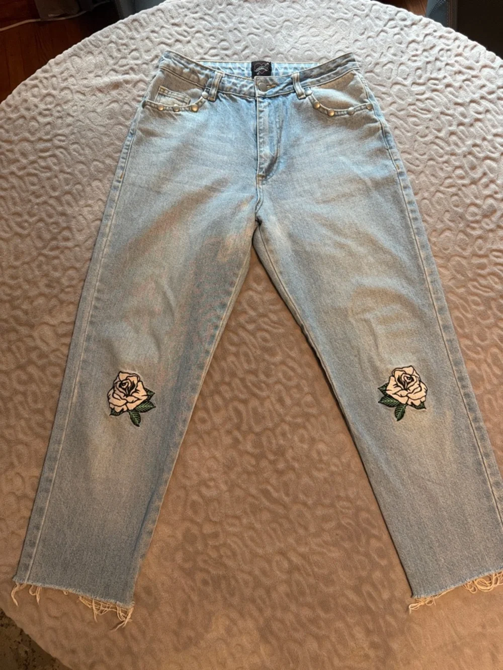 Chorus Light Blue Boyfriend Jeans with Rose Knee Patches